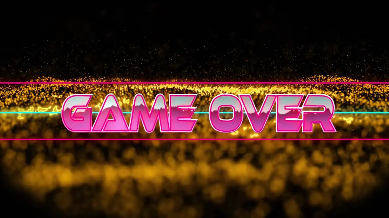 Animation of game over text in metallic pink letters with lines over yellow mesh