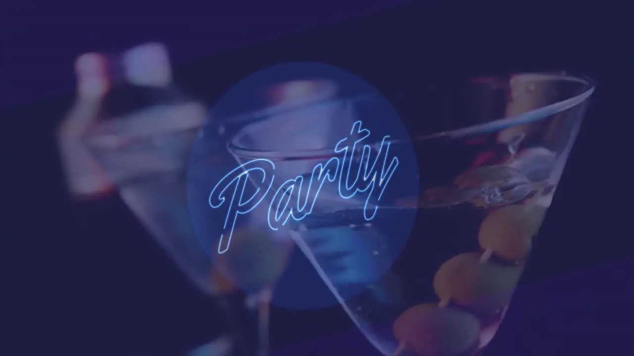 Animation of party text in blue over cocktail with olives