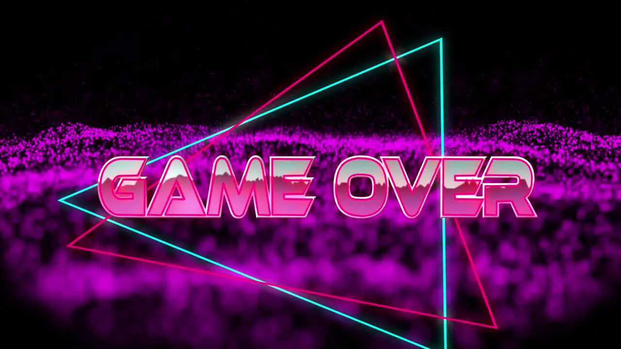 Animation of game over text in metallic pink letters with triangles over purple mesh