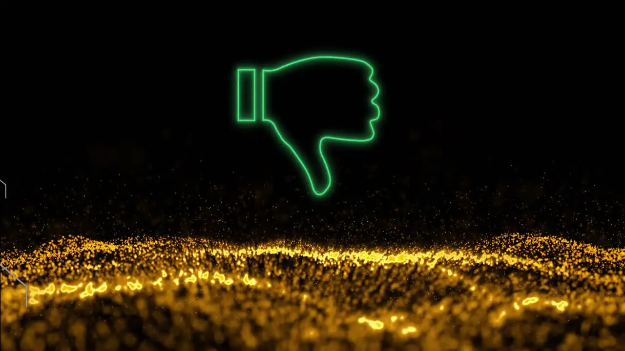 Animation of neon hand down over black background with gold glitter