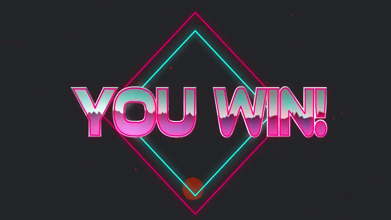 Animation of you win text in metallic pink letters with diamonds