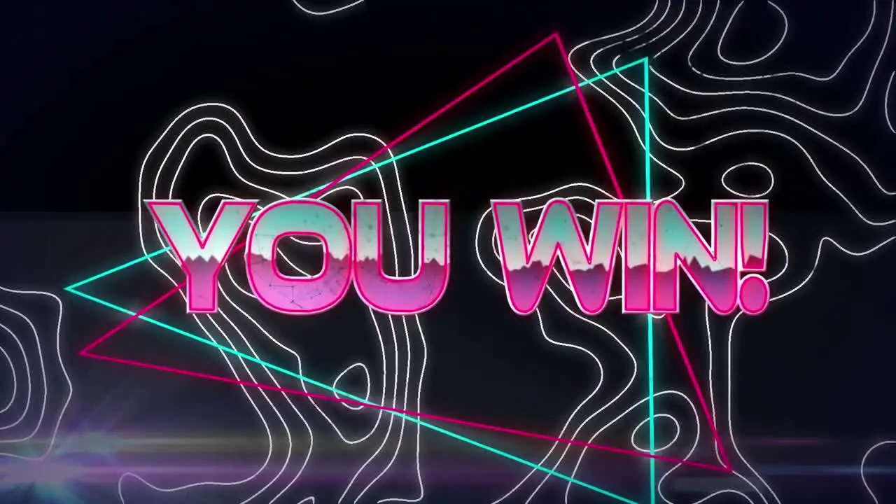 Animation of you win text in metallic pink letters over white lines