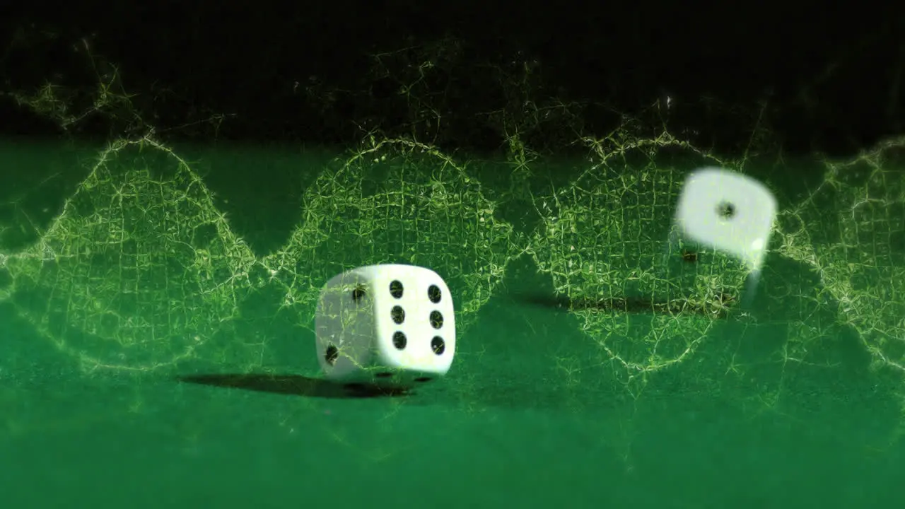 Animation of spinning dna strand over dice on game table