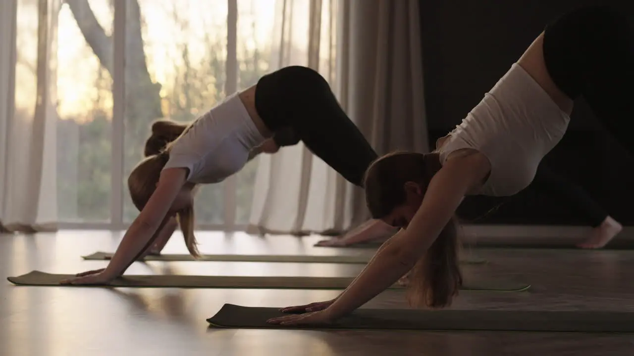 yoga class of healthy mature women practicing warrior pose enjoying morning physical fitness exercise workout in studio at sunrise