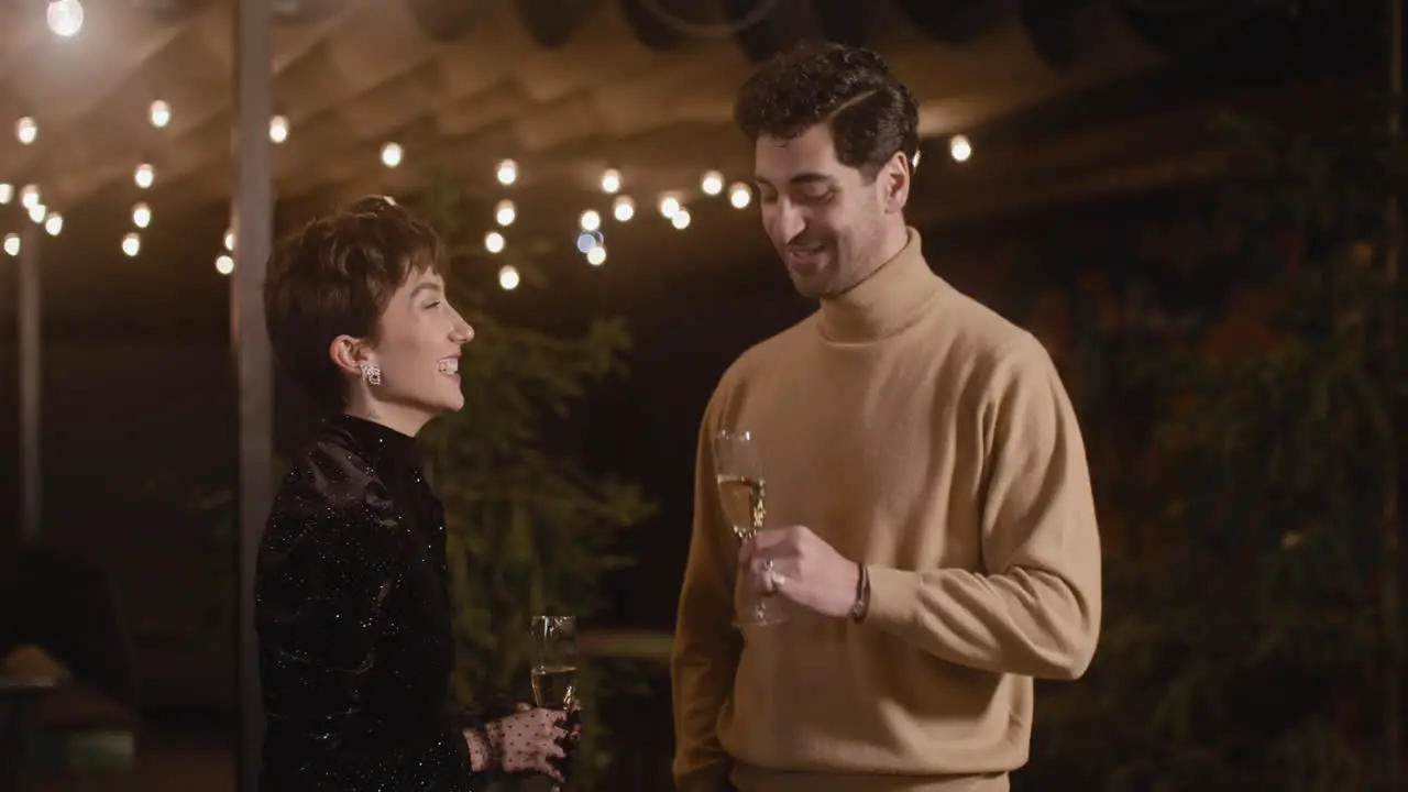 Elegant Woman And Handsome Man Talking And Drinking Champagne At New Year's Eve Party