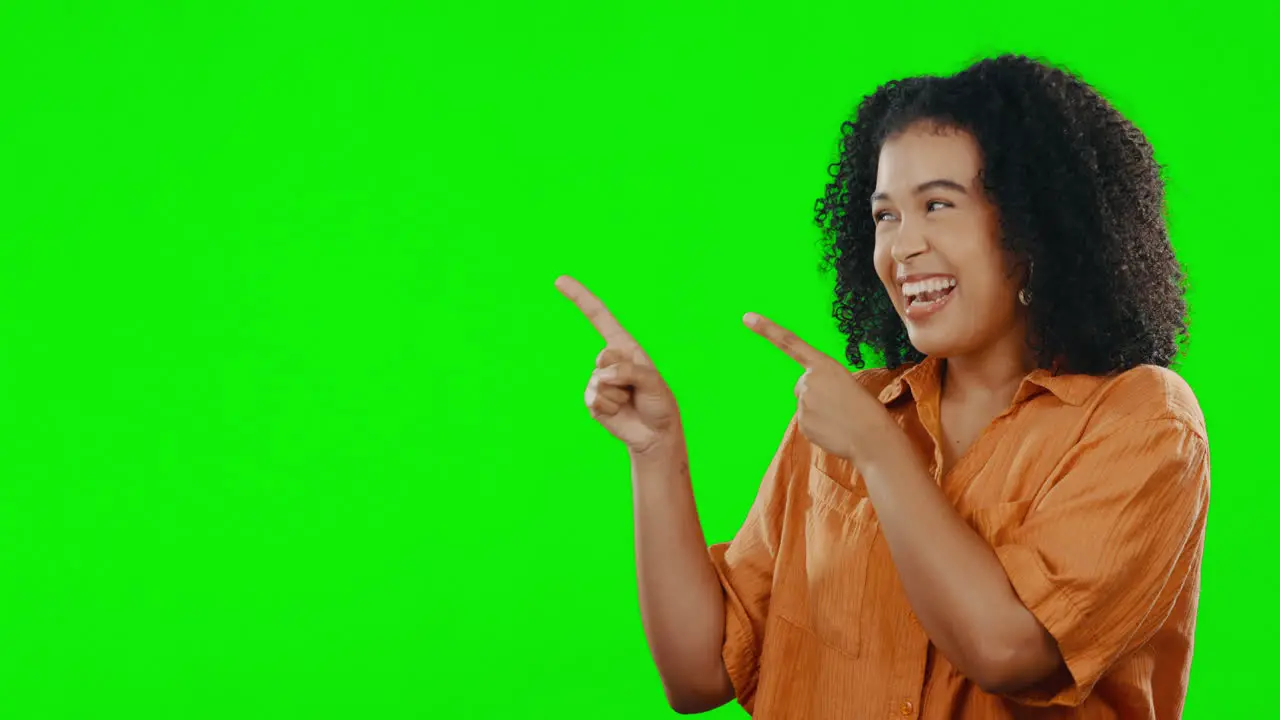 Green screen studio face and happy woman point