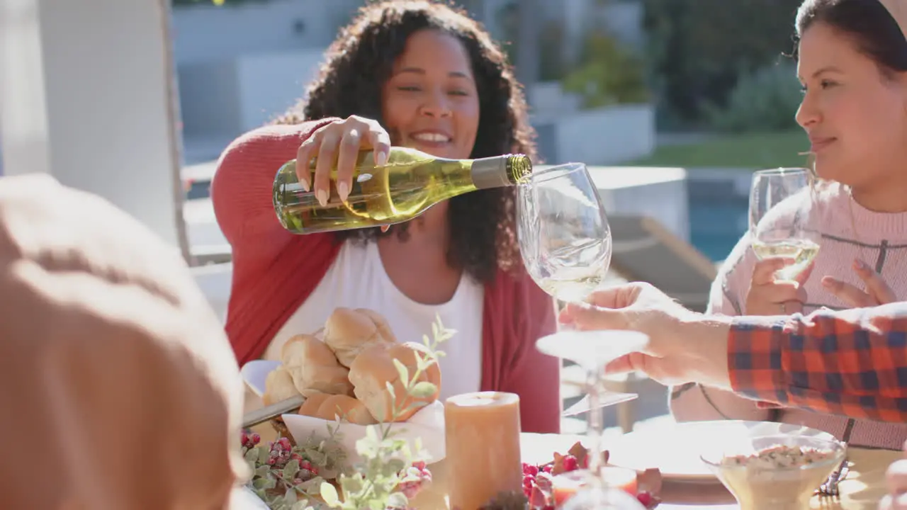 Happy diverse male and female friends toasting on celebration meal in sunny garden