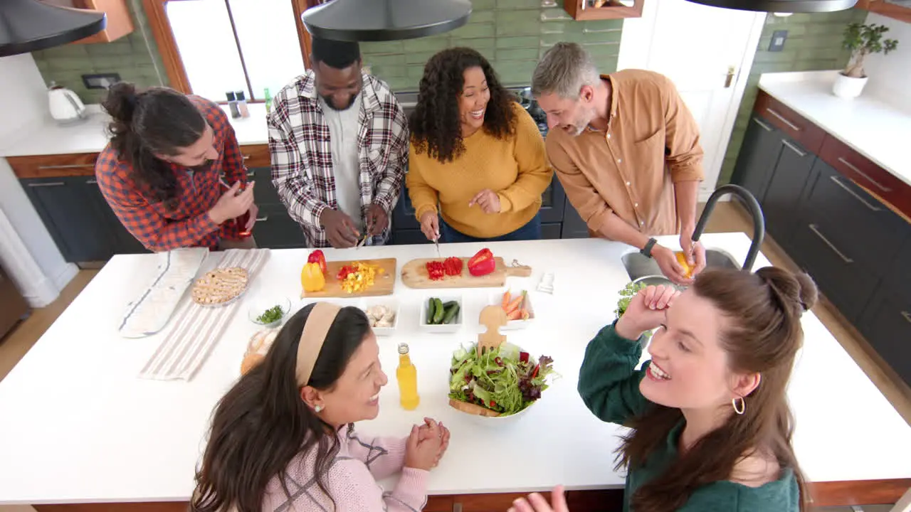 Happy diverse male and female friends celebrating thanksgiving day