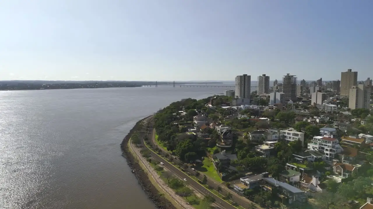 A drone shot of the beautiful coastal city of Posadas Argentina