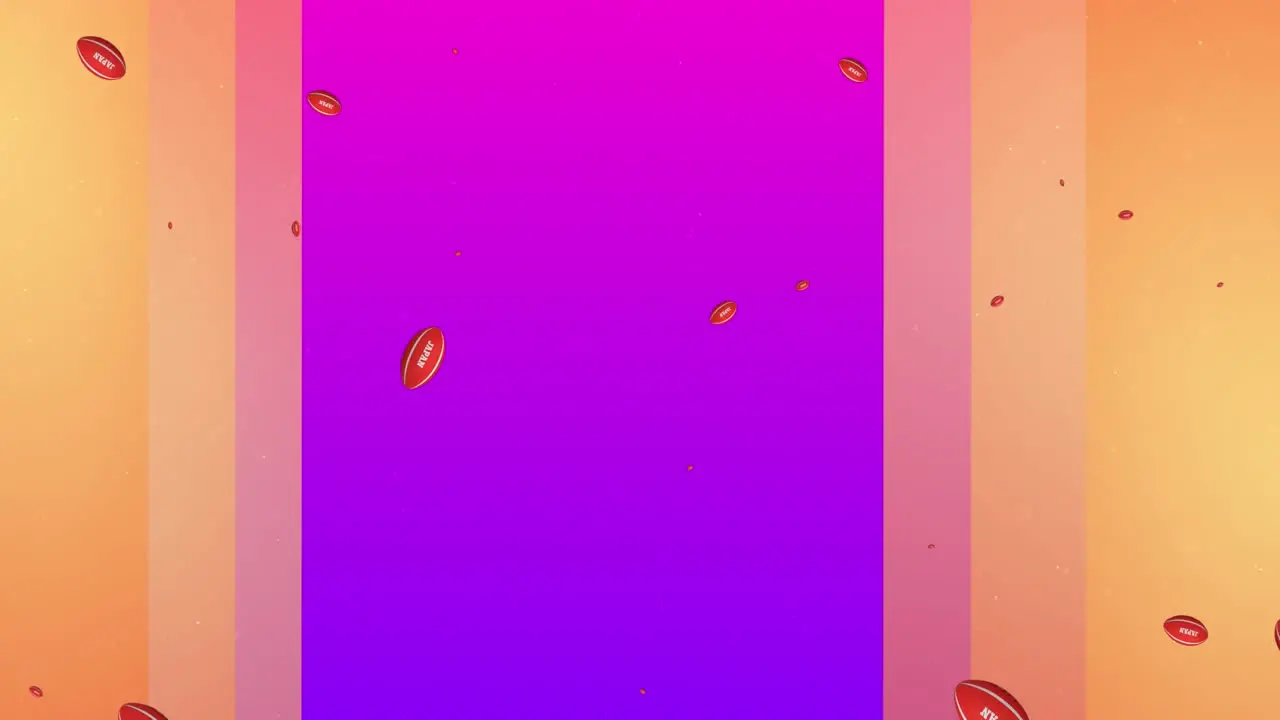 Animation of rugby ball with japan text over shapes on purple background