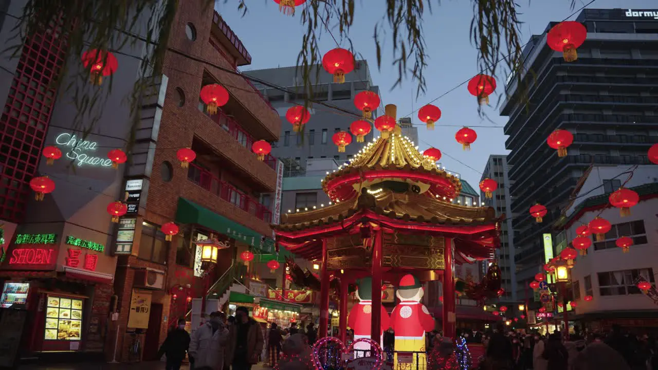 Nankinmachi with Chinese Lanterns Glowing in Evening for Chinese New Year