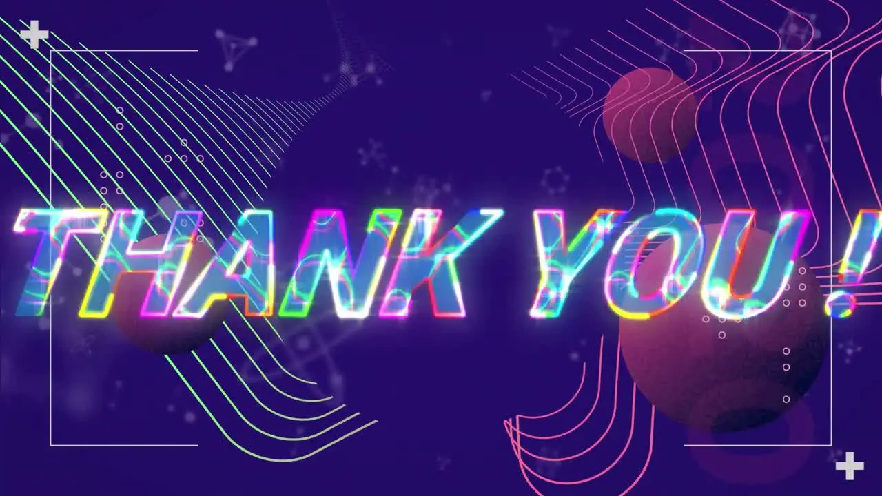 Animation of thank you text over shapes and molecules on purple background