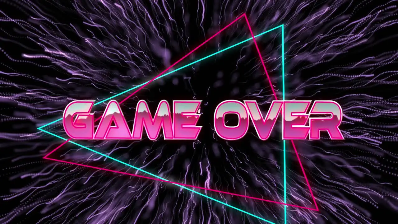 Animation of game over text in metallic pink letters with triangles over purple fireworks