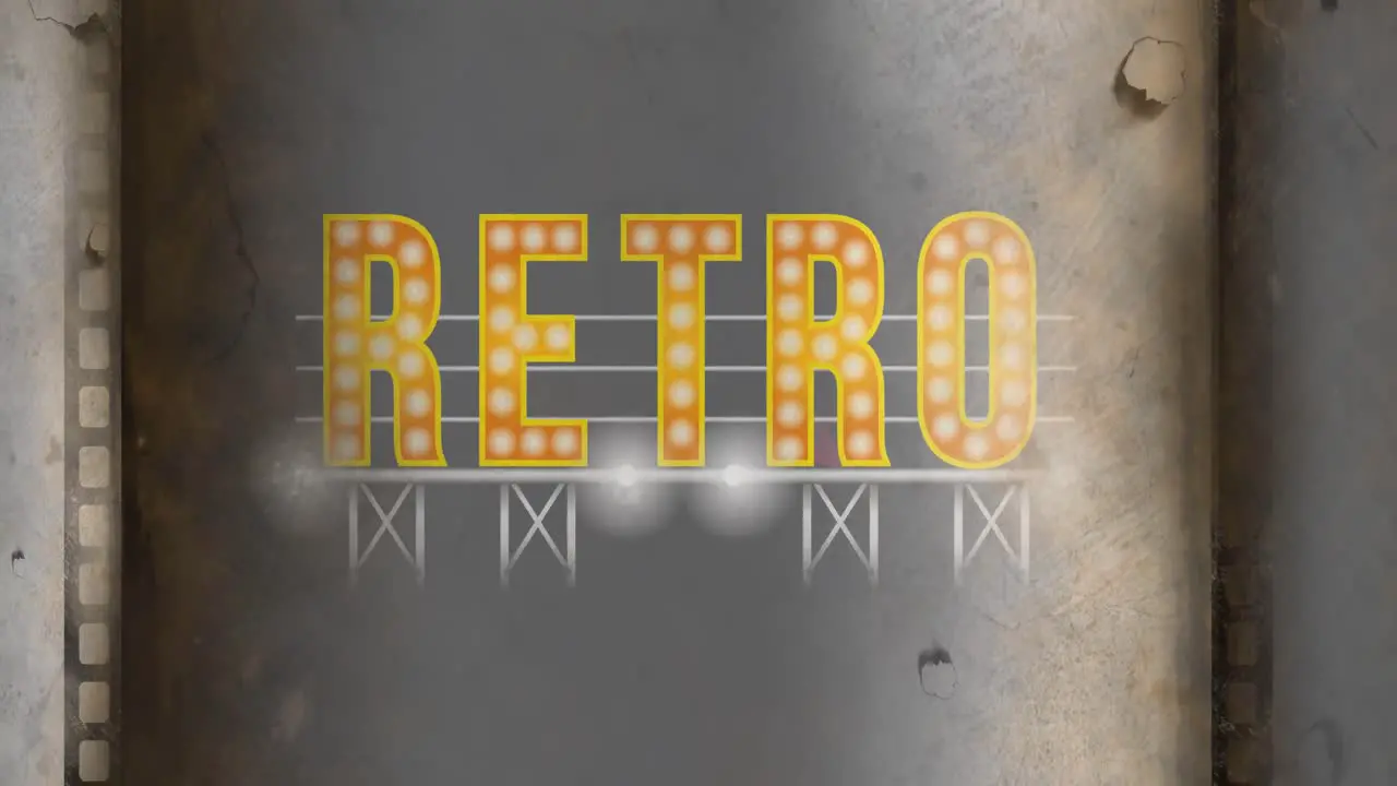 Animation of retro vintage text in yellow with light bulbs on grey metallic background