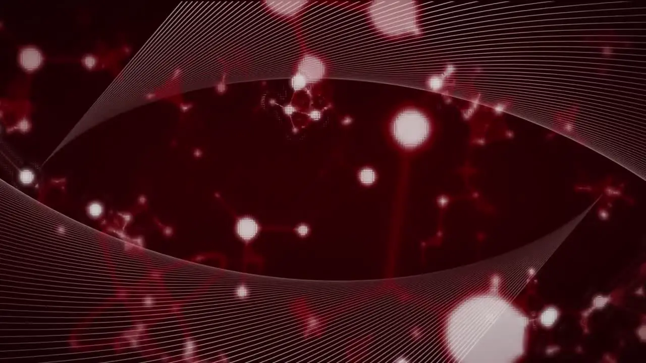 Animation of molecules over moving shapes on red background