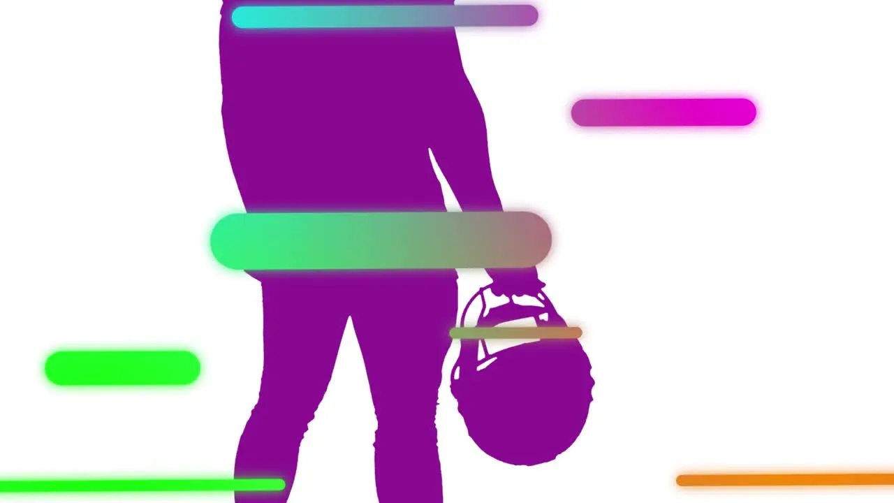 Animation of colourful lines over silhouette of male american football player on white background