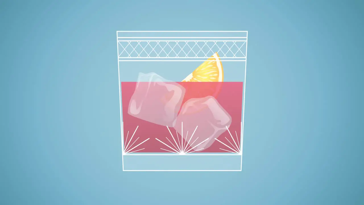 Animation of drink with ice and lemon over blue background