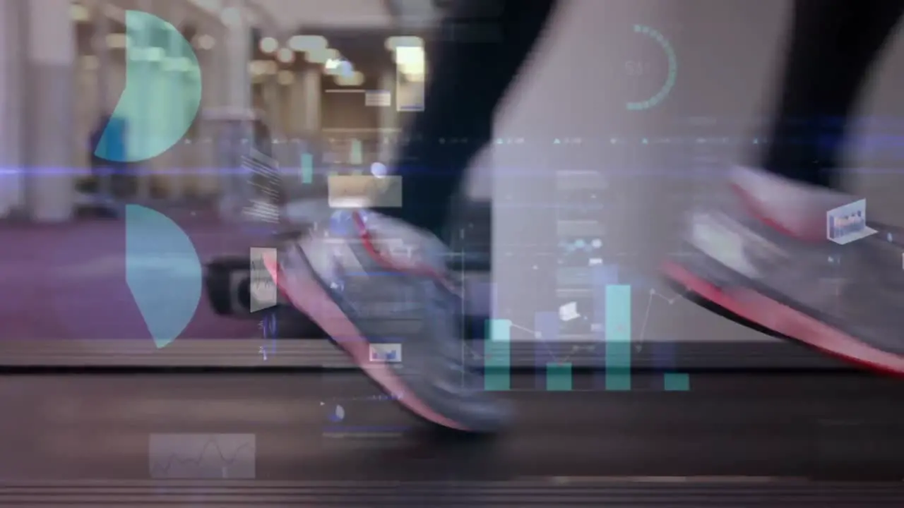 Animation of data processing over woman running on treadmill