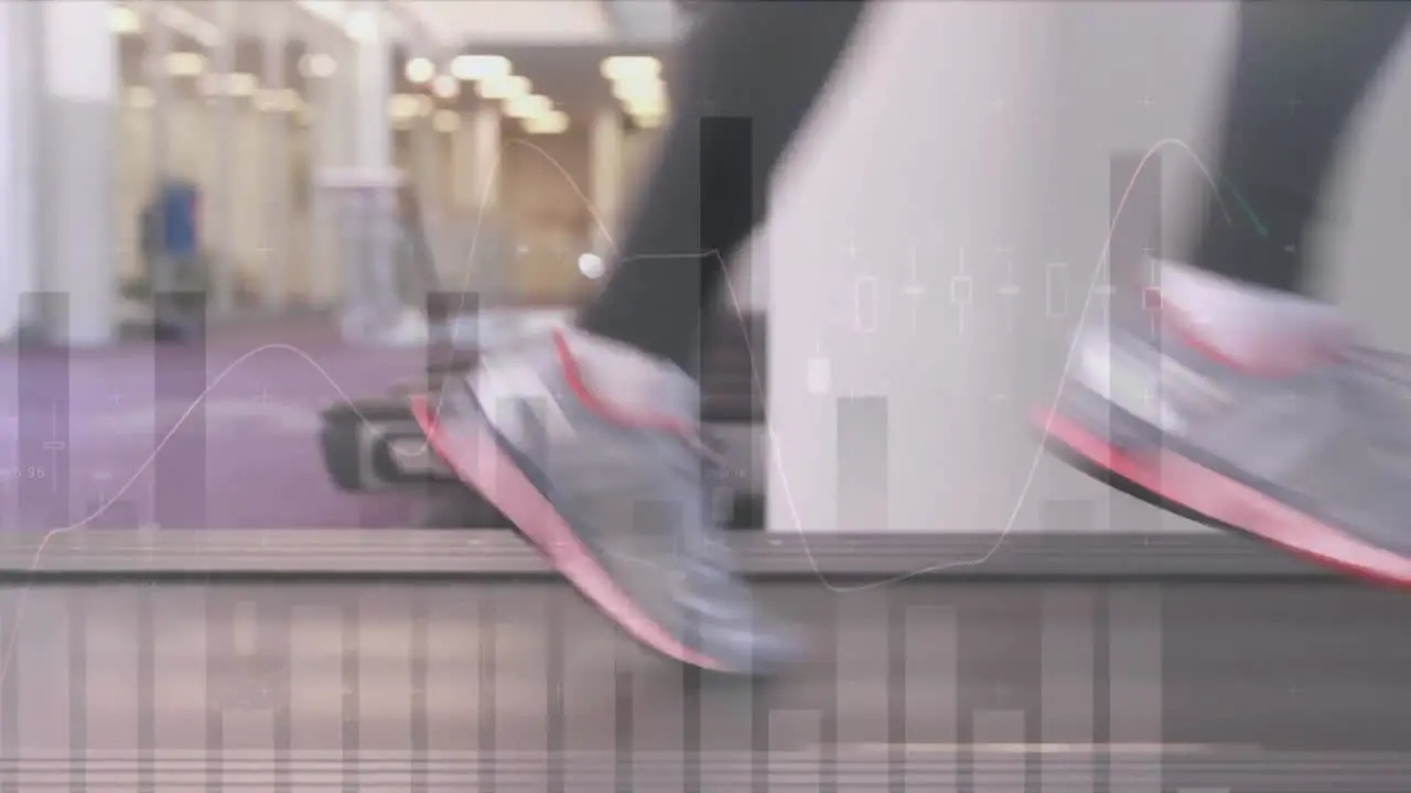 Animation of statistics and data processing over woman running on treadmill