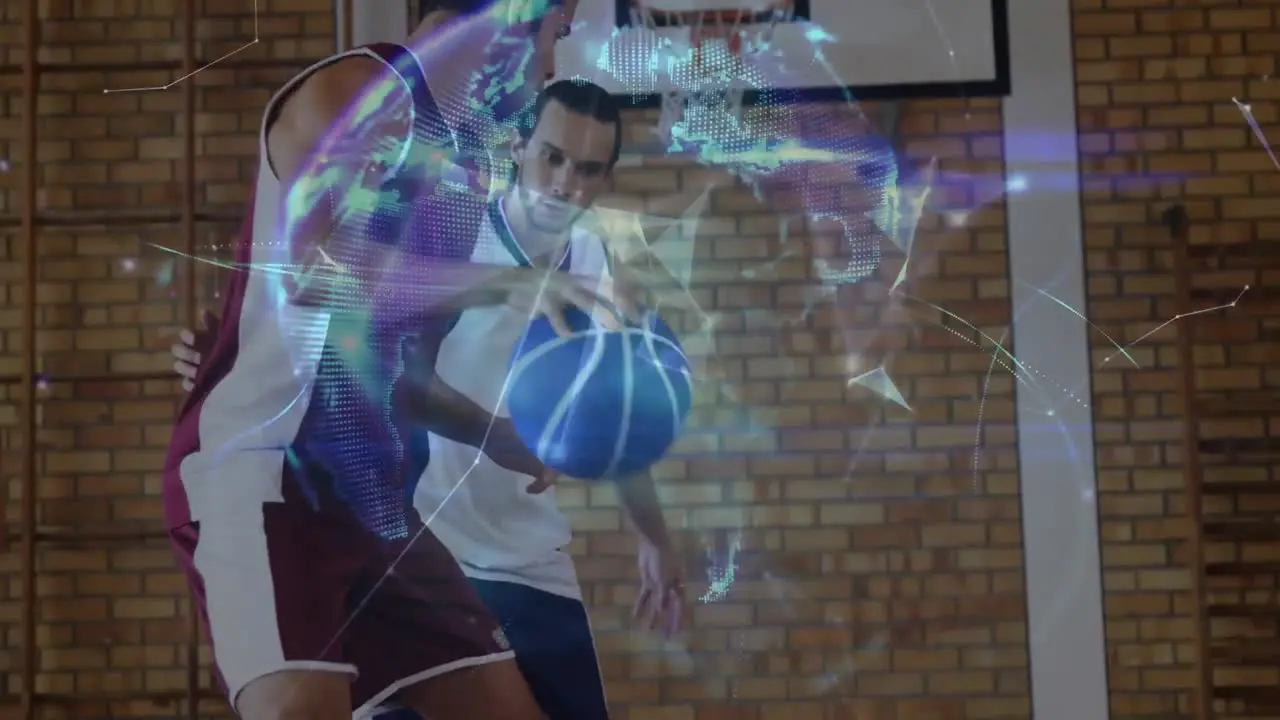 Animation of globe over basketball players in gym