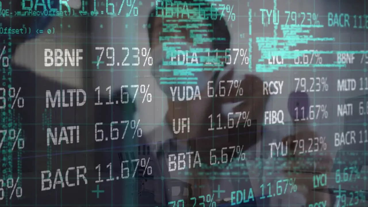 Animation of financial data processing over man using smartphone