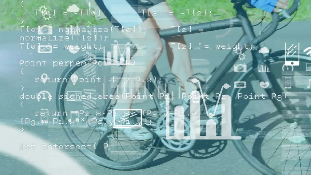 Animation of screens of data processing over caucasian female cyclist riding a bike on the road