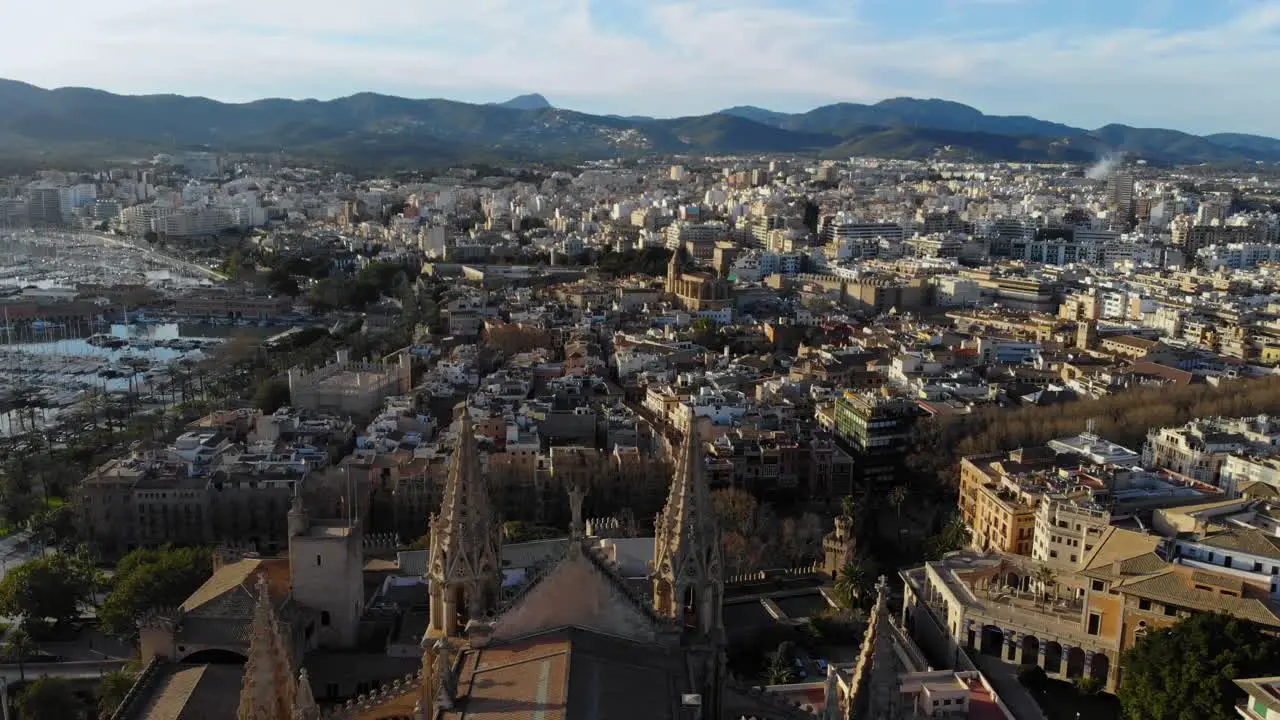 Drone footage over the cathedral and city of Palma De Mallorca