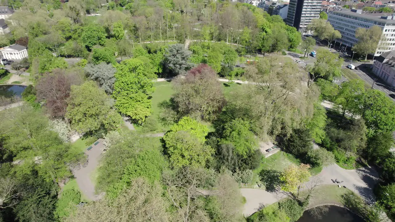 Aerial view of Hofgarten green park in Dusseldorf city center