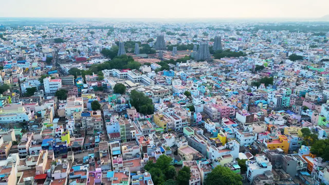 Densely populated Madurai cityscape with diverse architecture at dusk and aerial view