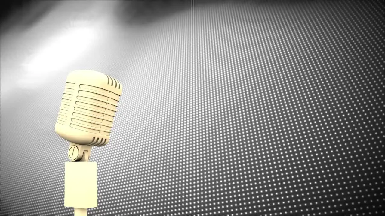 Animation of gold vintage microphone over rows of grey dots in background