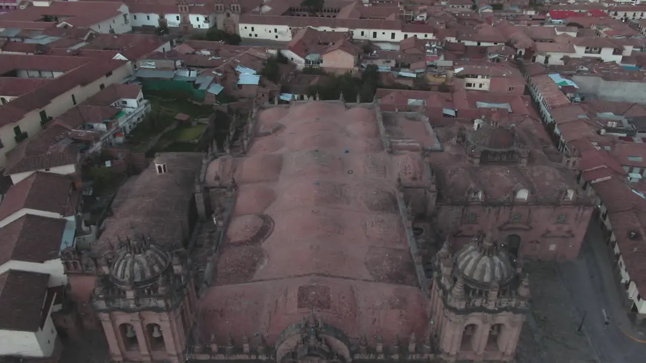 4k daytime aerial drone footage revealing the main Cathedral from Plaza de Armas in Cusco Peru during Coronavirus lockdown