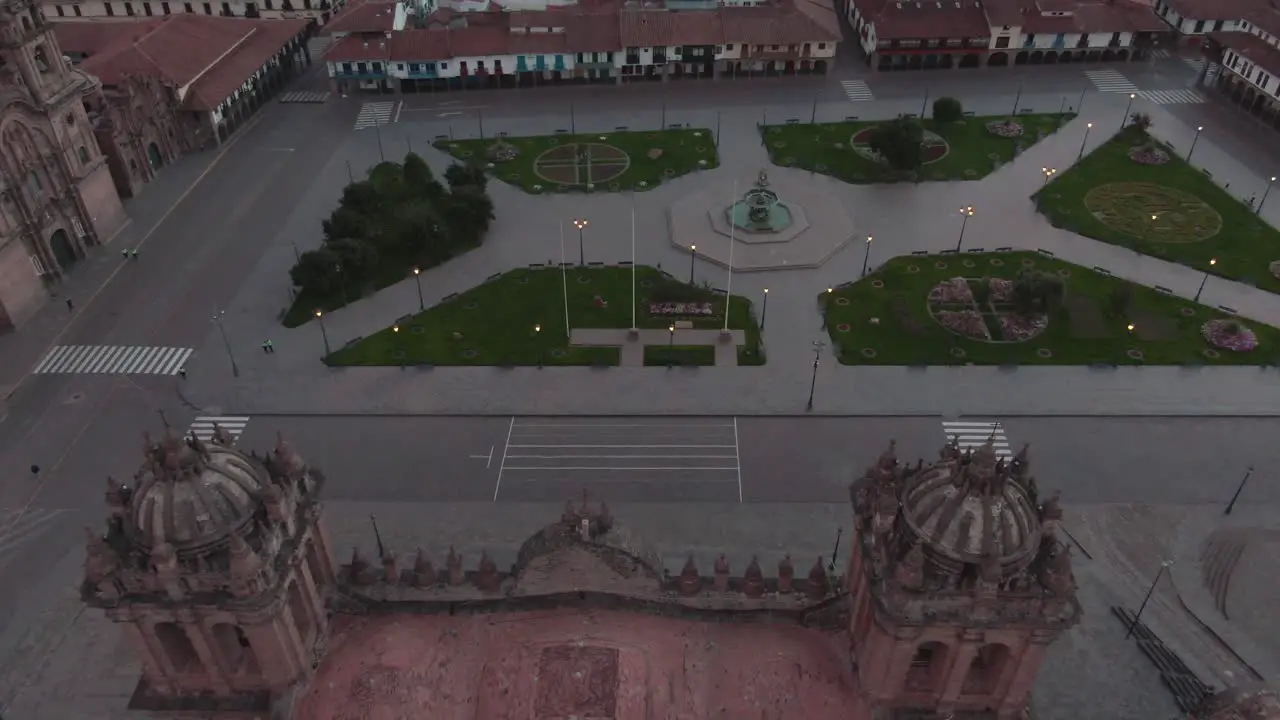 4k daytime aerial drone footage over the main Cathedral from Plaza de Armas in Cusco Peru during Coronavirus lockdown