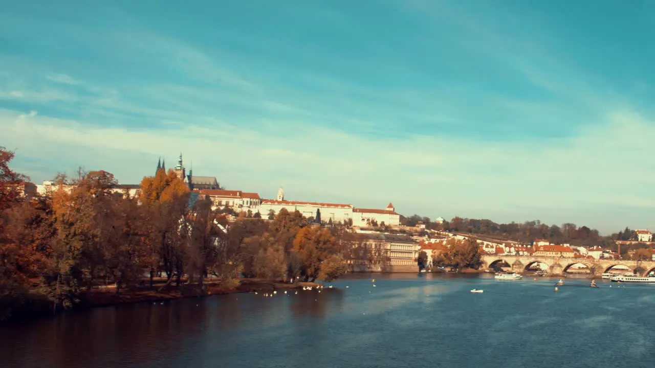 Prague October 28 2019 Prague Castle on autumn afternoon light Vltava river and bright sky