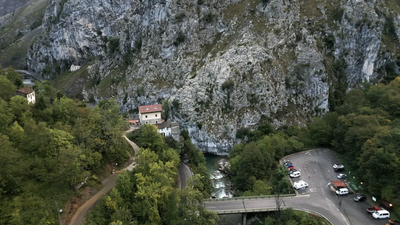 Top Drone Angle of Valley Road in the Northern Mountains of Covadonga Spain