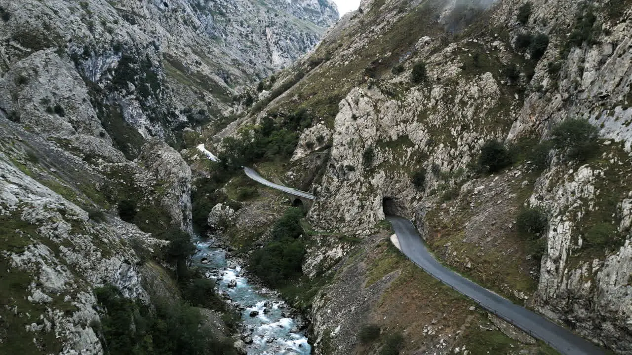 Drone Sweep of Valley Road in the Northern Mountains of Covadonga Spain