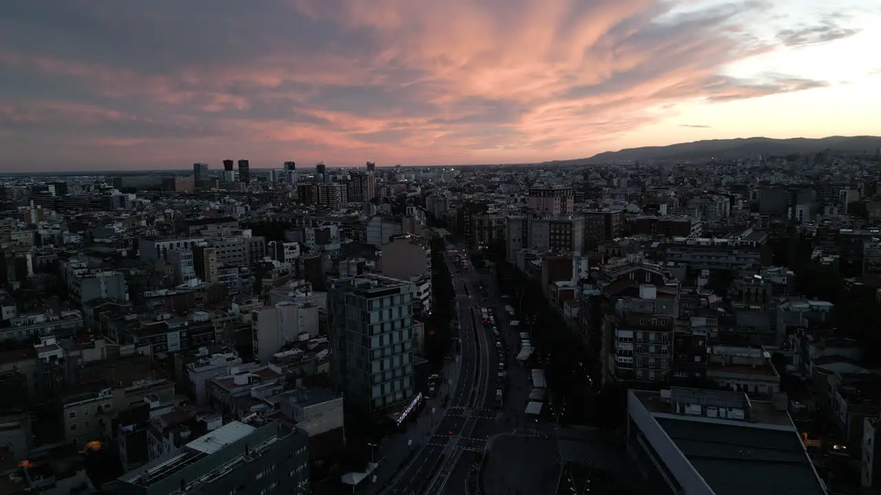 Sunset Cloudy Rising Drone Shot Over Cityscape in Barcelona Spain