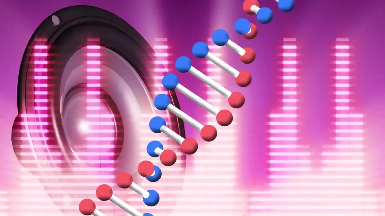 Animation of dna strand spinning over speaker and graphic music equalizer