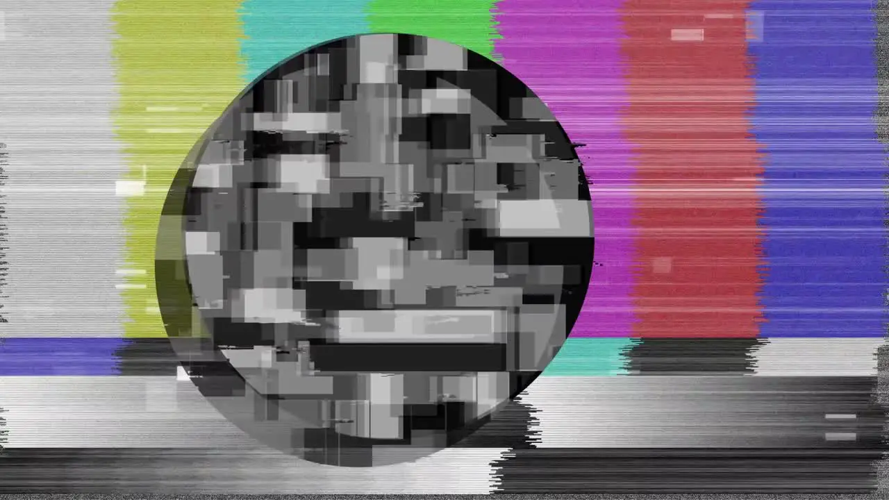 Animation of black and white circle over retro colour test screen with glitch