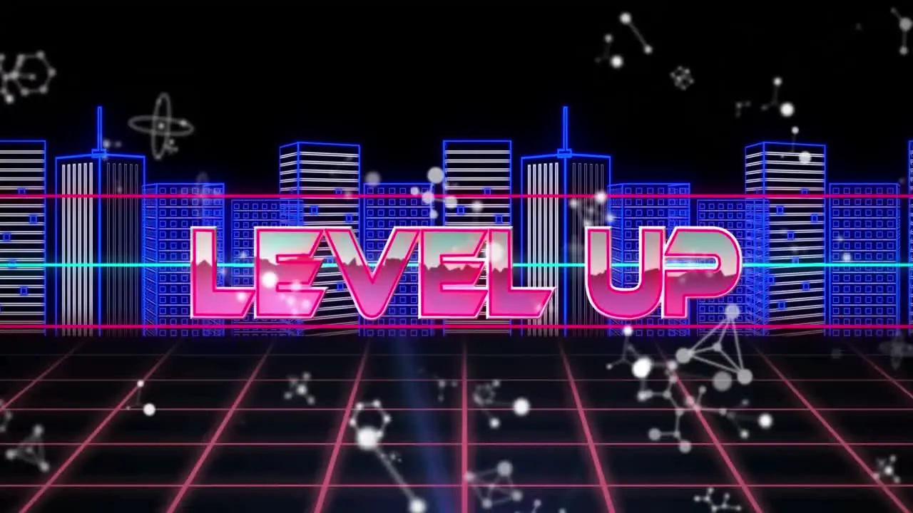 Animation of level up text in metallic pink letters over cityscape and grid