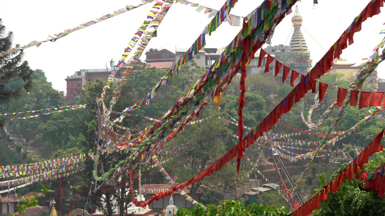 Strings of prayer flags hung up at a Buddhist temple in Nepal