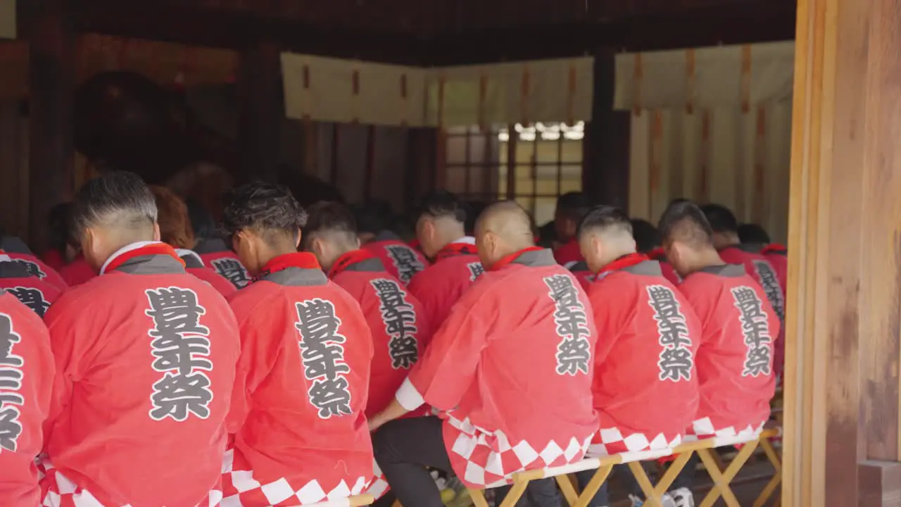 Japanese Men in Festival Happi Cloaks Praying for Fertility Festival Honensai