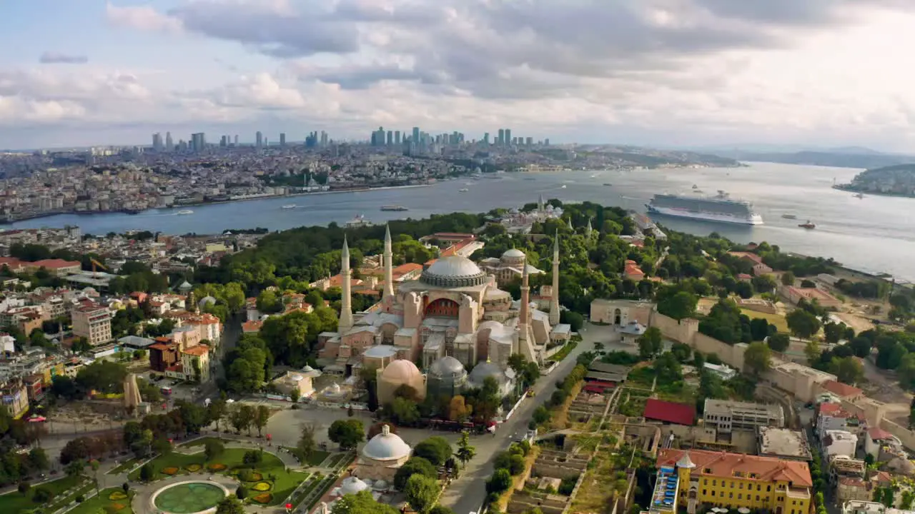 Golden hour enchantment Istanbul's Blue Mosque bathed in the warm hues of a sunset captured from an awe-inspiring aerial perspective