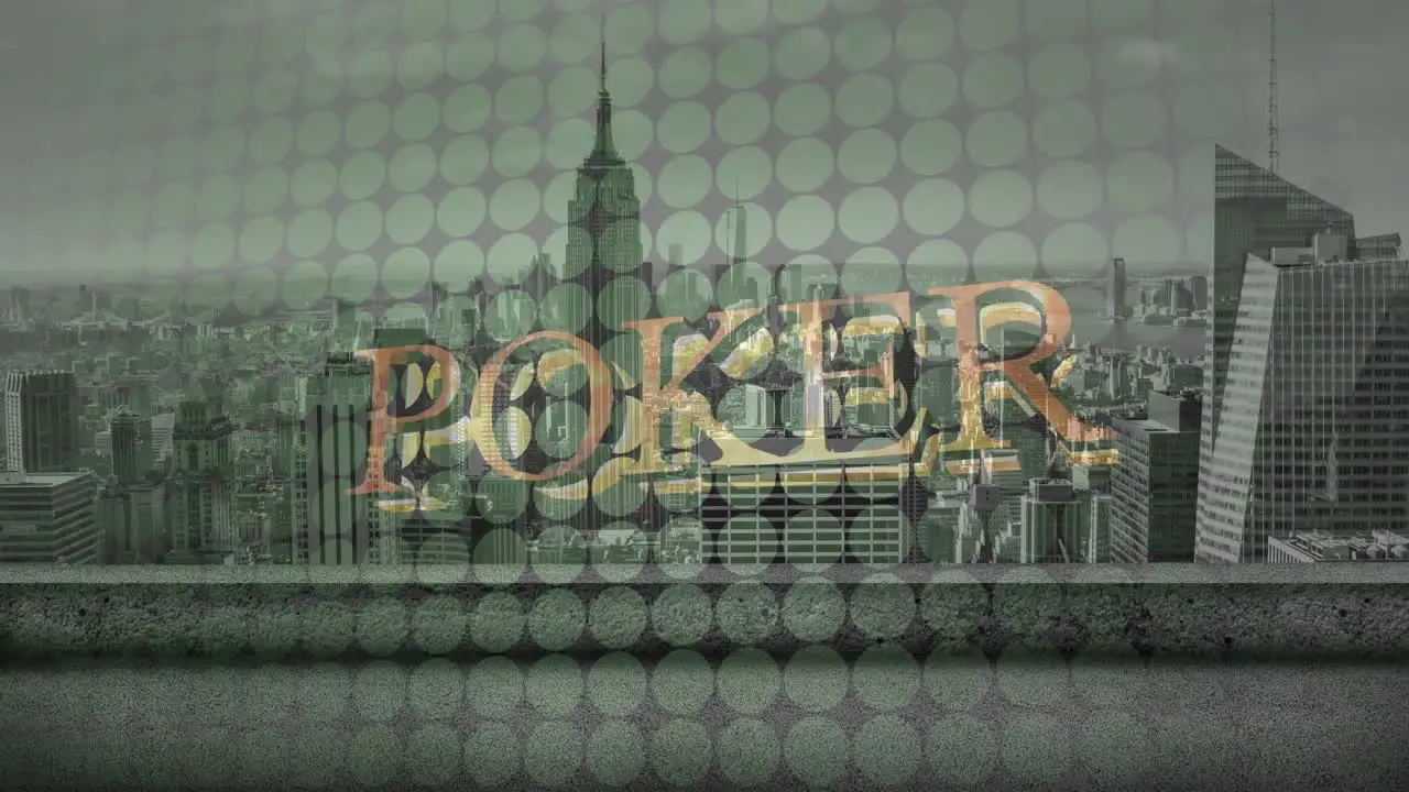 Animation of casino poker test over circles and cityscape