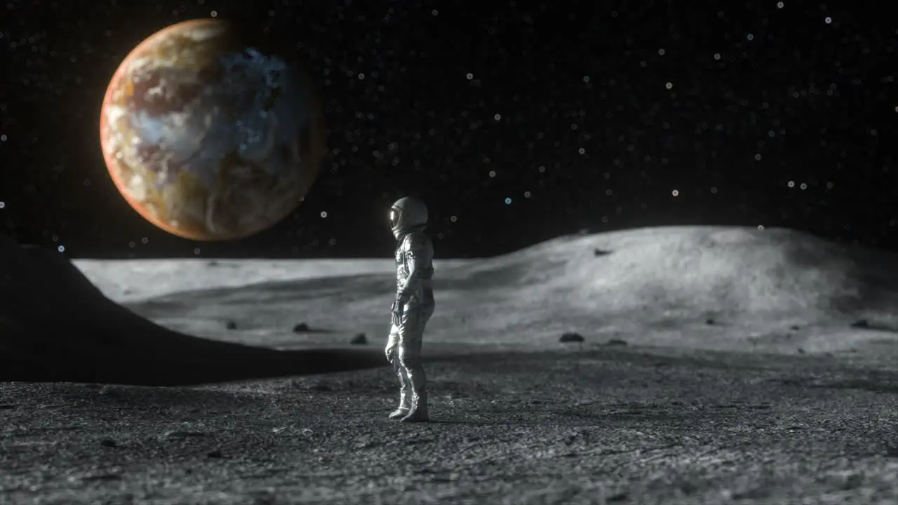 An Astronaut in Detailed Space Attire Stands on a Lunar Surface Observing the Stunning View of a