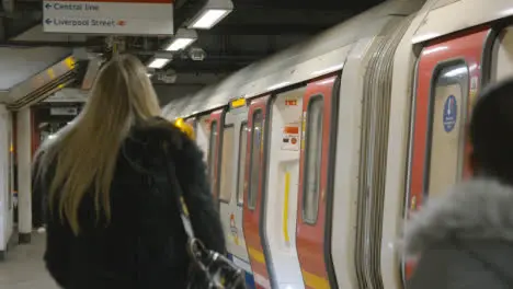 Tube Train At Platform Of Underground Station Of Liverpool Street London UK With Passengers