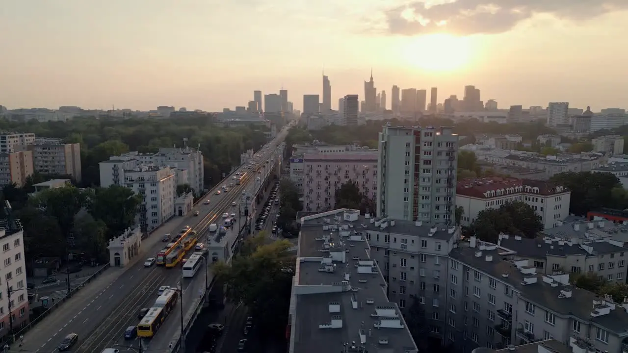 Evening traffic at Jerusalem Avenue and skyline of Warsaw downtown Poland aerial view