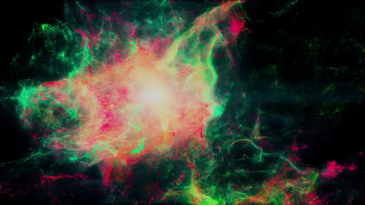 Dark matter Nebula or Galaxy 3D animation with orange sun center and red and green external cosmic dust clusters floating in outer deep interstellar Space Universe with black background