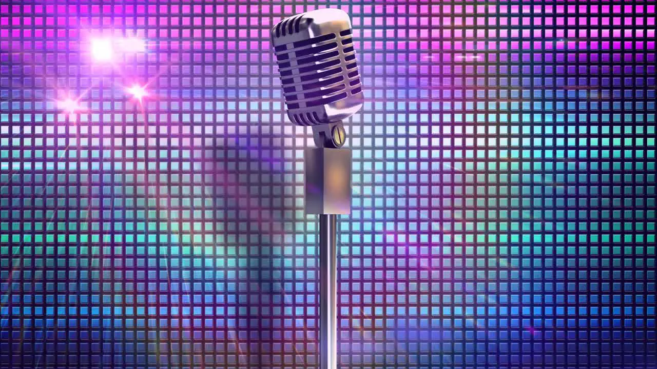 Animation of retro microphone over colorful glowing background