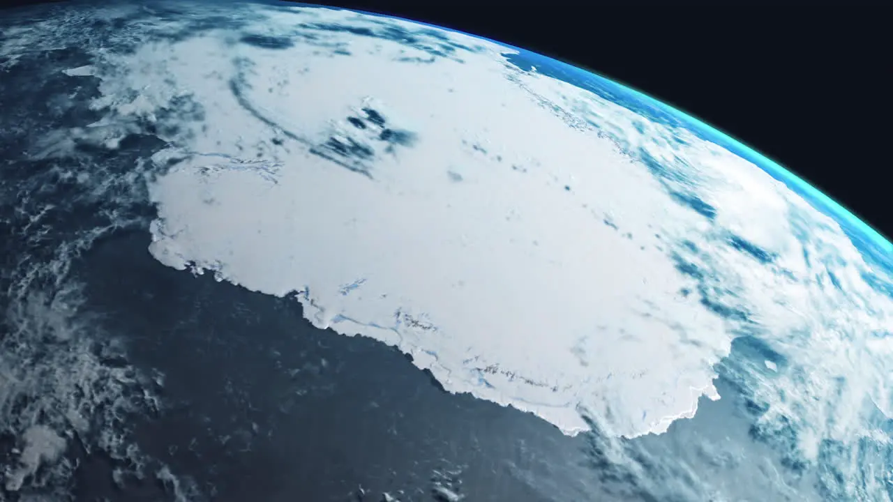 Antarctica from Space Showing Entire Continent Frozen Ice Shelf with Earth Slowly Rotating with View from Orbit with Dynamic Clouds Sea and Atmosphere