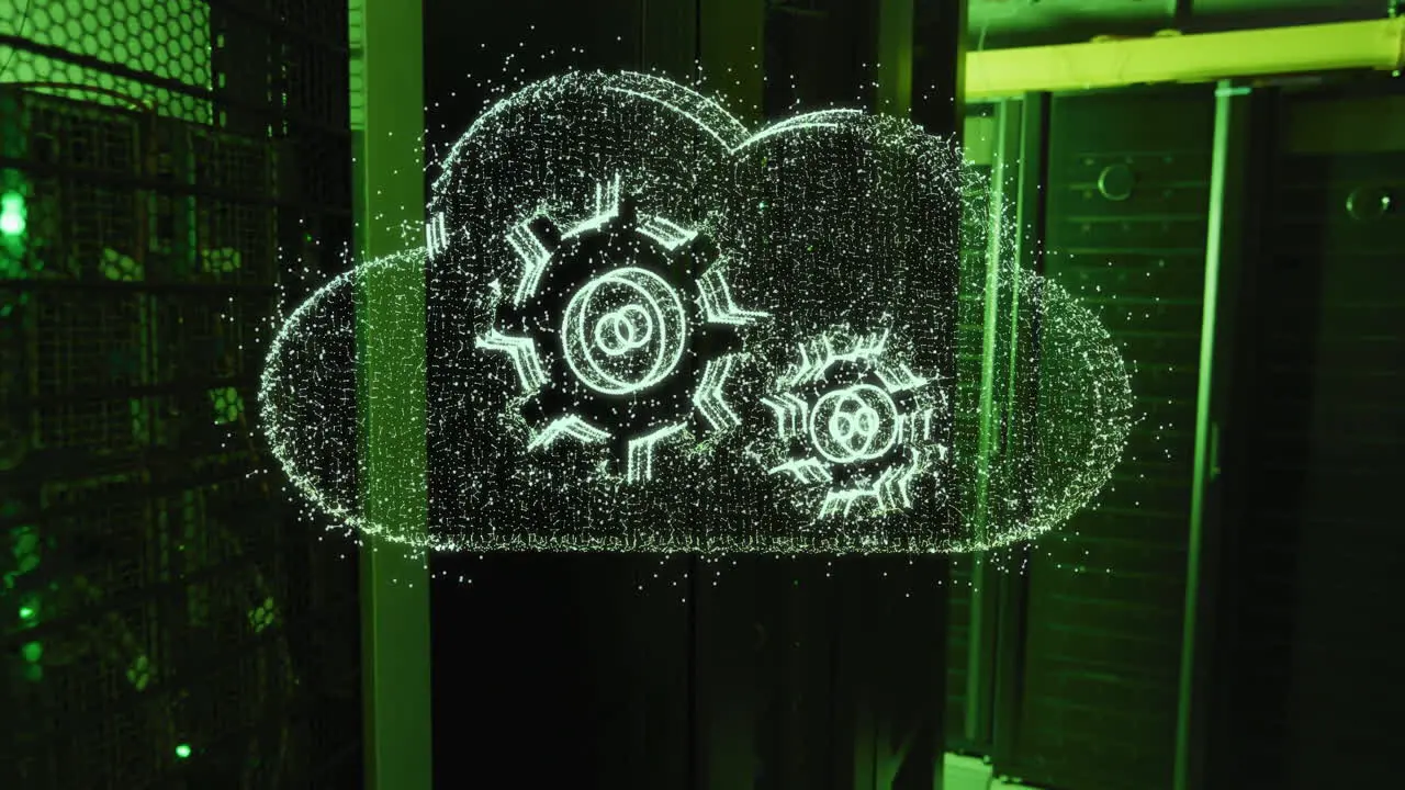 Animation of cogs and cloud over server room